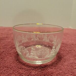 Libby Vintage Holiday Etched Glass 4.25"‎ Bowl gold rim